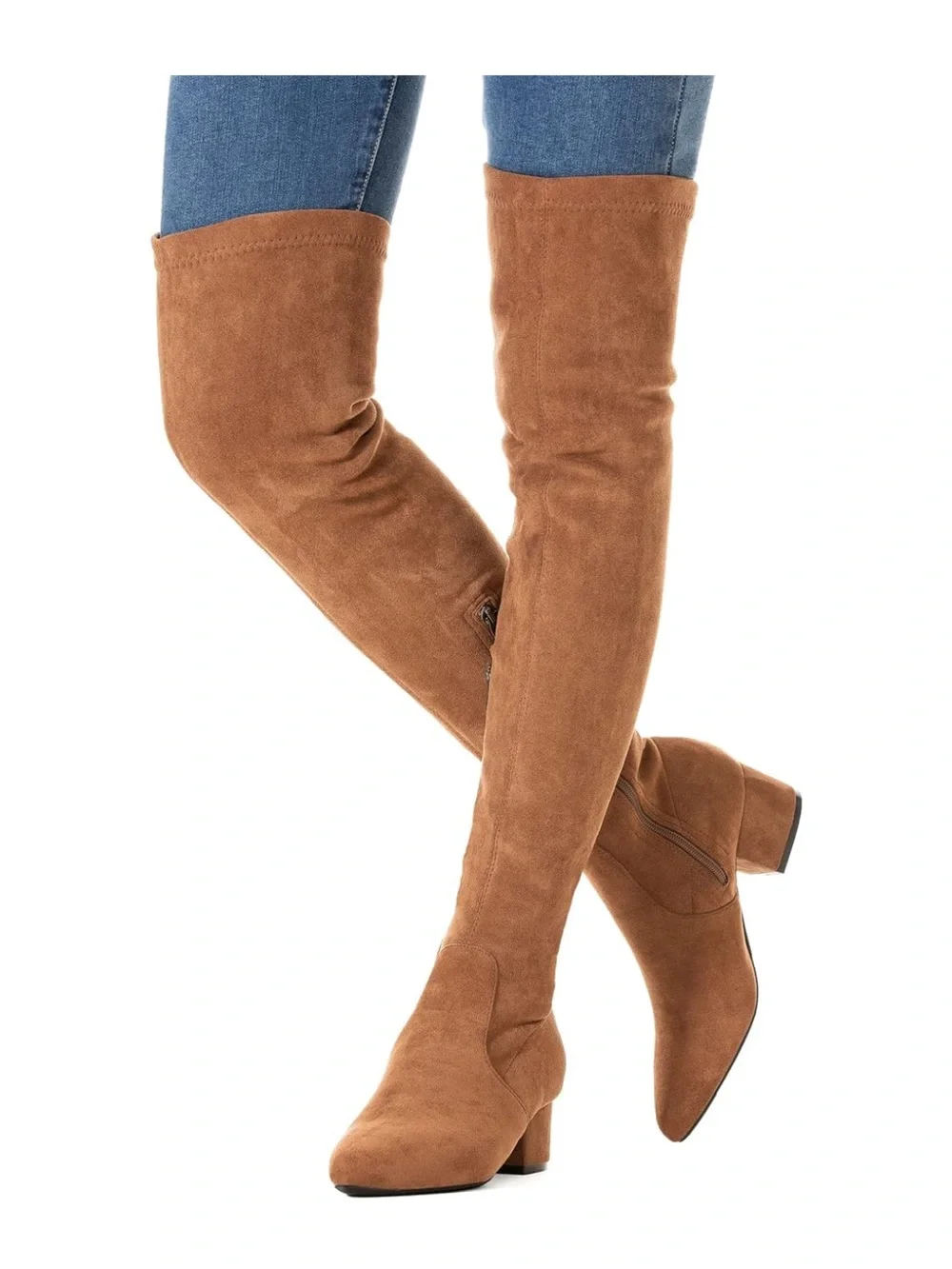 Over-the-Knee Suedette Block Heel Boots in Brown